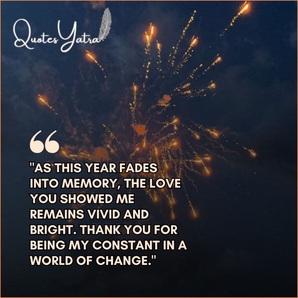 Original heartfelt thank you message about love and constancy overlaid on golden fireworks sparks in a dark sky.