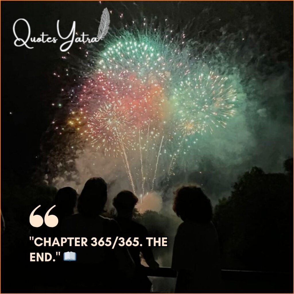 Short Instagram caption "Chapter 365/365. The End." overlaid on a crowd watching colorful fireworks.