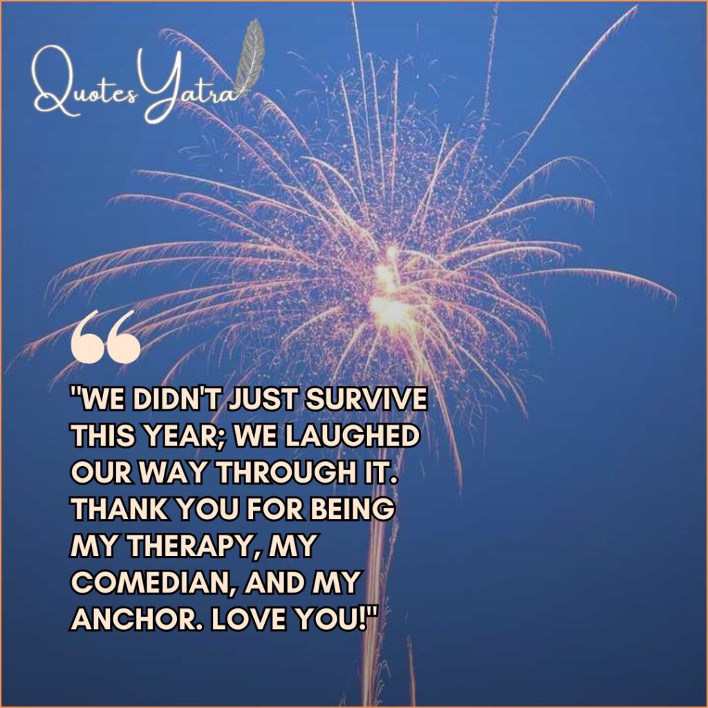 Funny year end message for a best friend overlaid on a large firework burst in a blue sky.