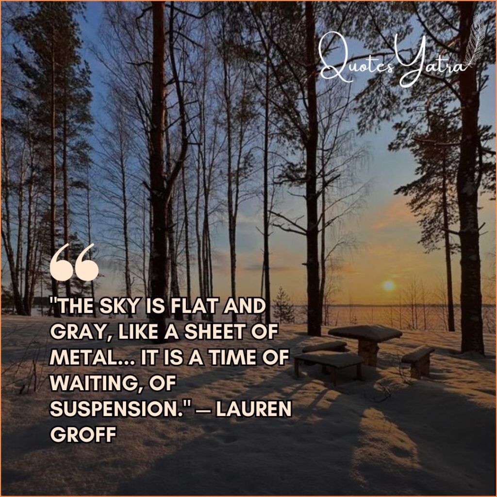 Aesthetic January Quotes for cold mornings displayed over a calm winter sunrise and frozen forest landscape.