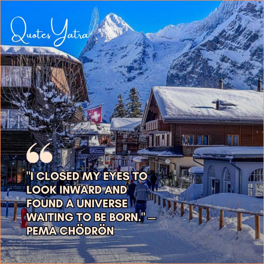 Aesthetic January Quotes for fresh starts featuring a charming snowy alpine village street.