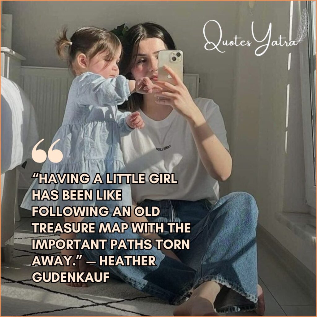 A mother taking a mirror selfie with her toddler daughter sitting on the floor. Text quote: Heather Gudenkauf on raising a little girl.