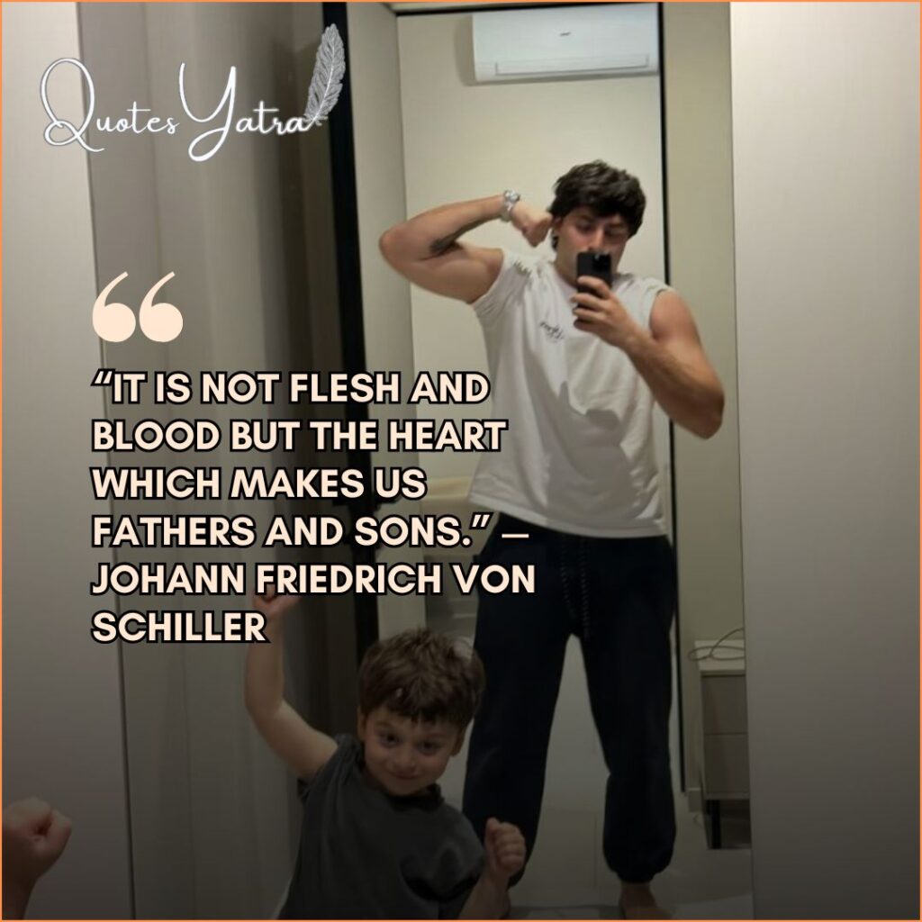Father flexing in a mirror while his young son mimics the pose, illustrating fatherhood strength and a father teaching by example and action.