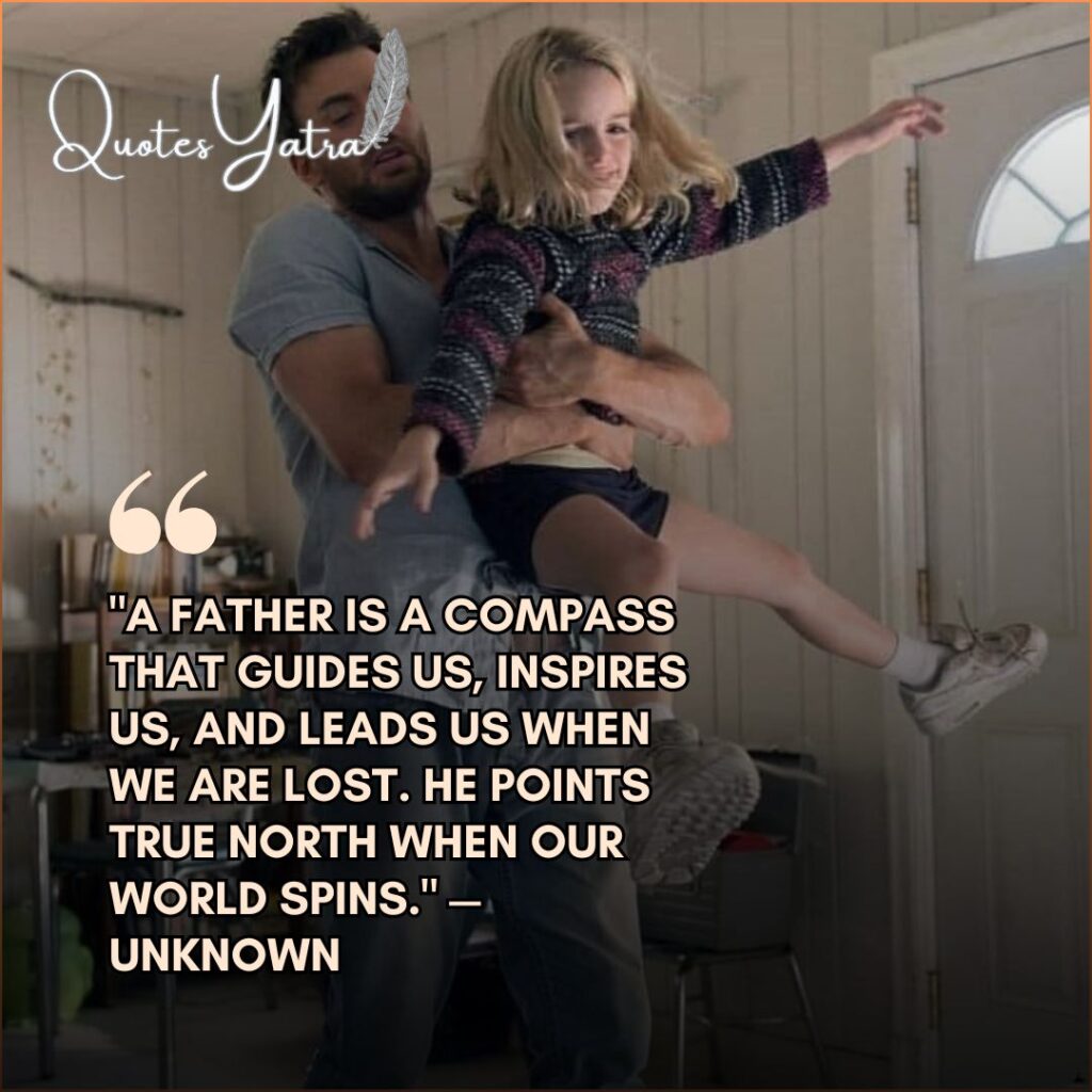 Father holding daughter and playing airplane - quote about a father being a compass.