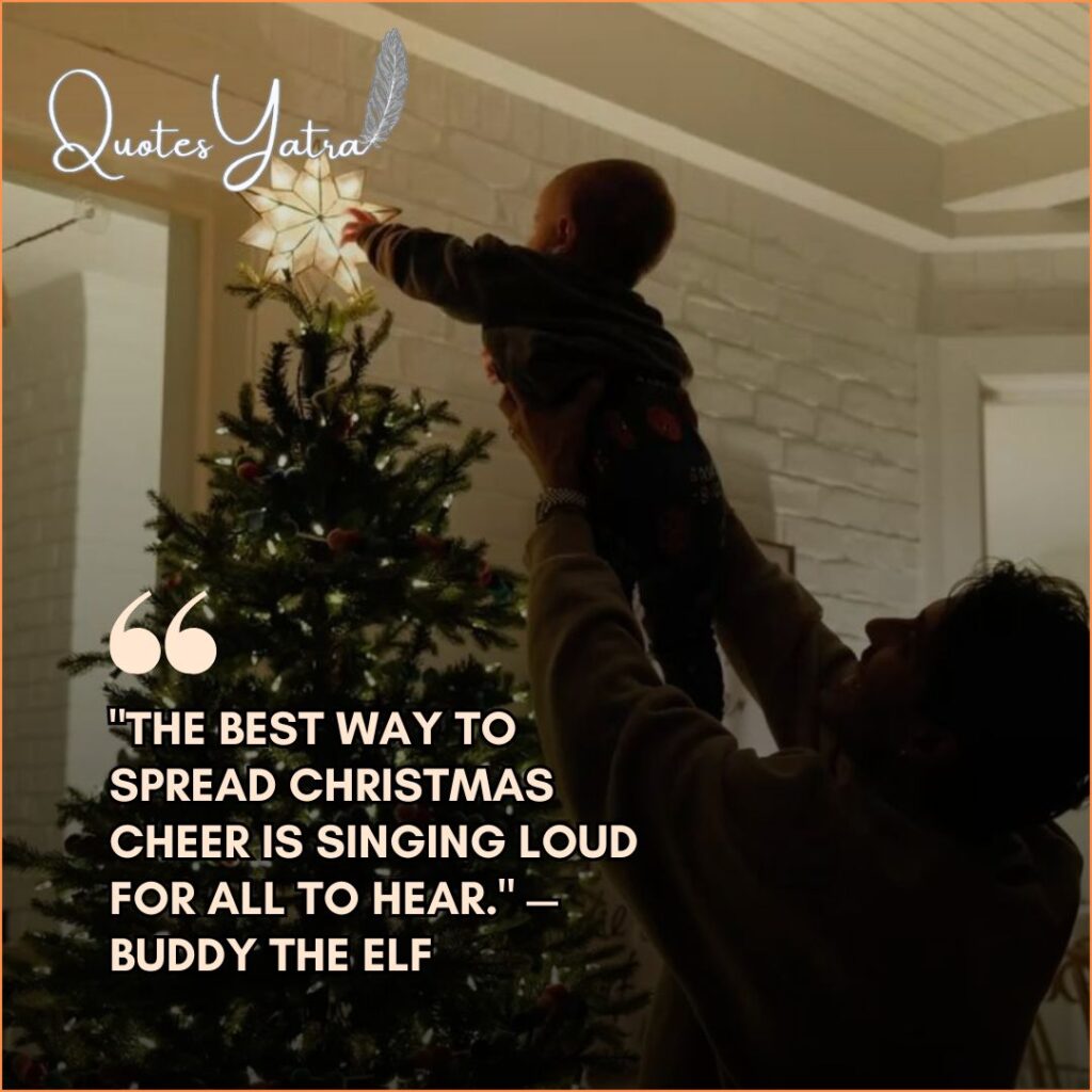 Cheerful holiday graphic featuring Santa Claus or elves, with a quote about the excitement of Christmas for children.
