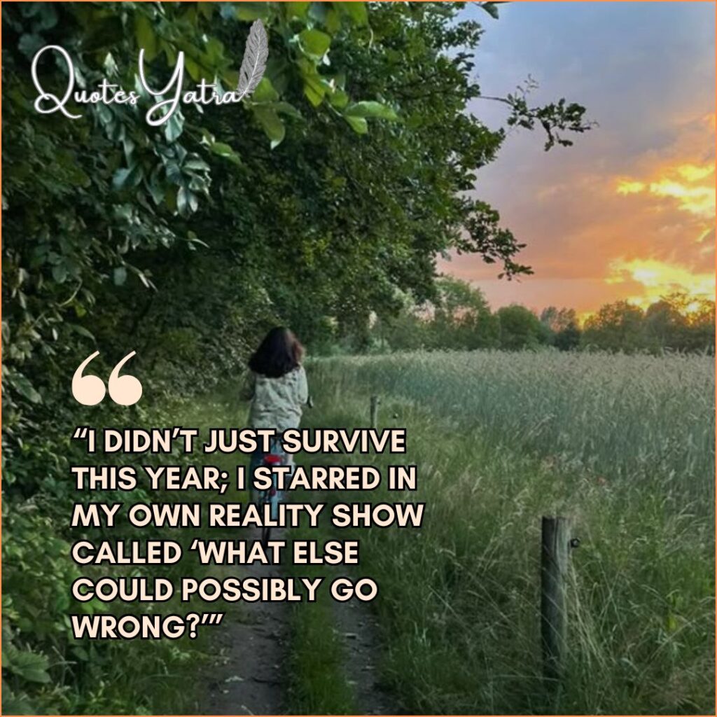 Person riding bicycle through field at sunset with funny original last days of the year quotes about surviving a reality show year.