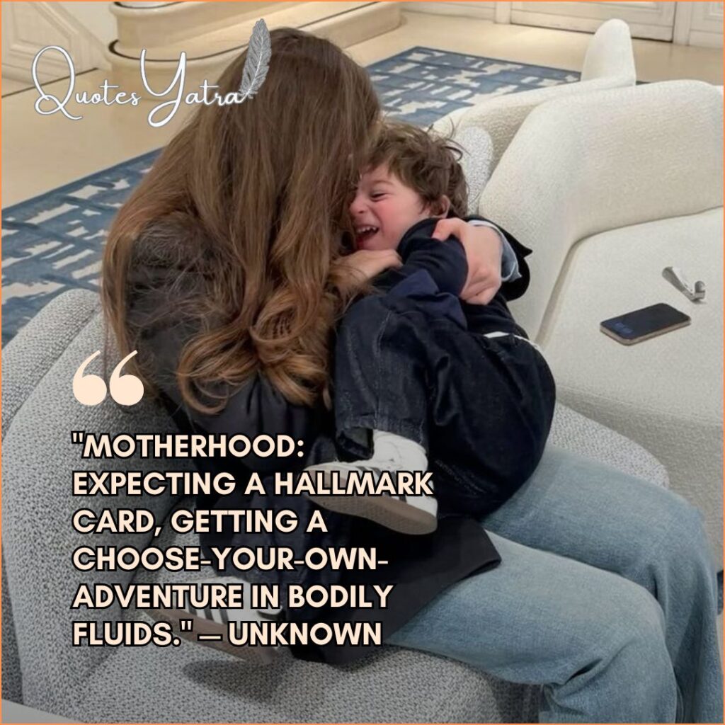 A candid shot of a mom hugging a laughing child on a chair, displaying a funny quote about the messy reality of bodily fluids and parenting expectations.