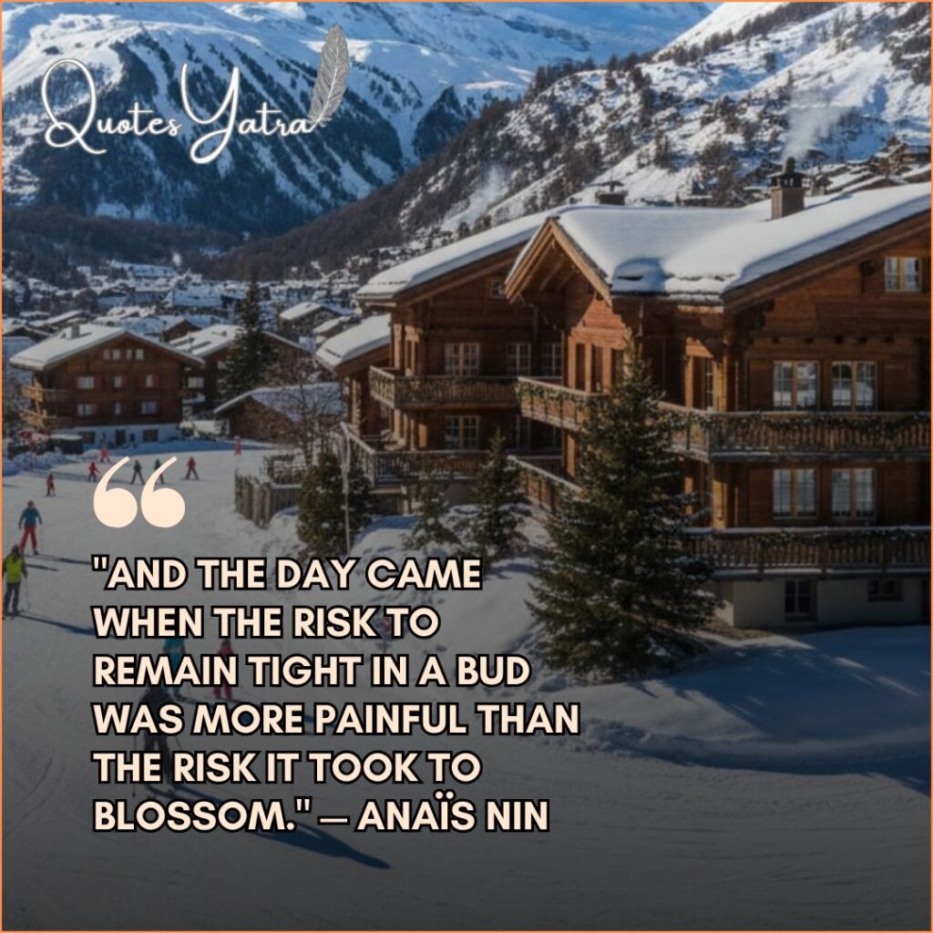 Aesthetic January Quotes for life and growth set against a snowy ski resort village background.