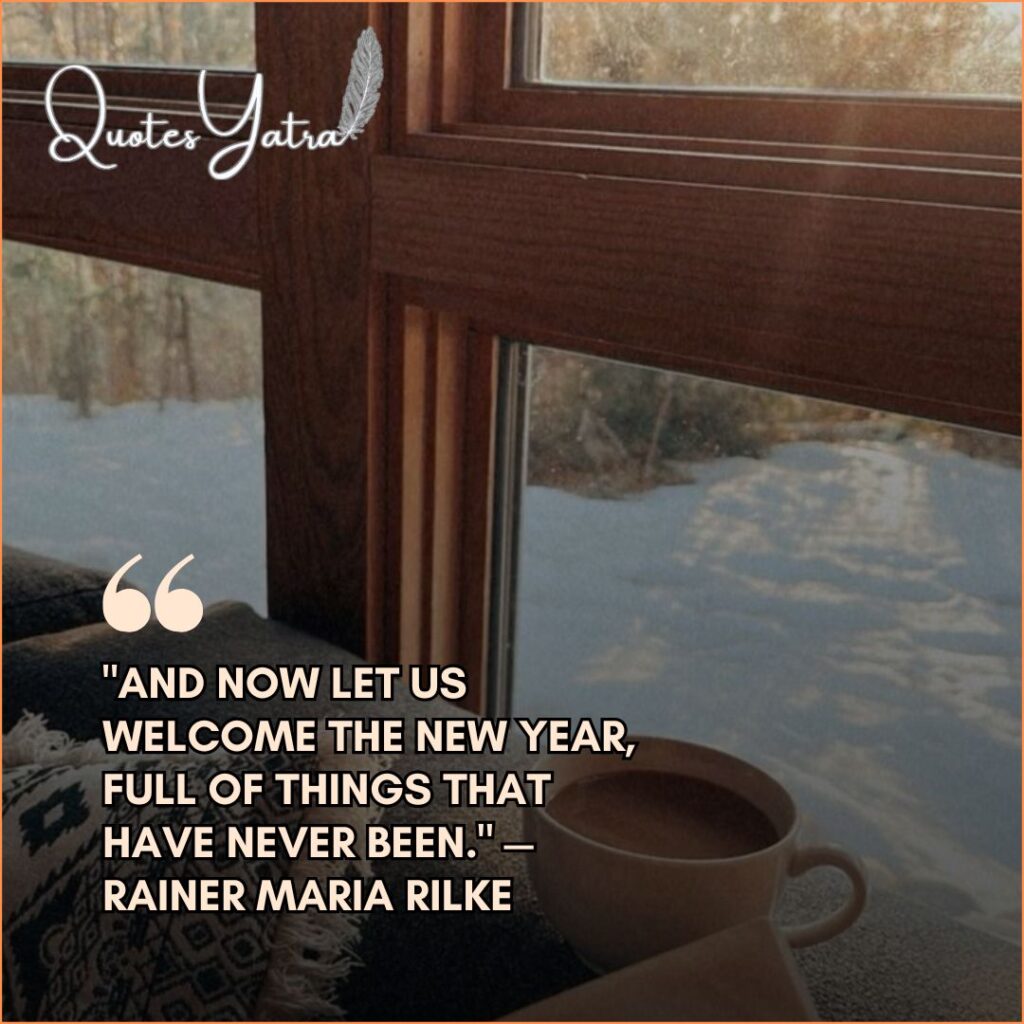 Coffee cup on a window sill overlooking a snowy landscape featuring Rainer Maria Rilke inspirational January quote for welcoming the new year.