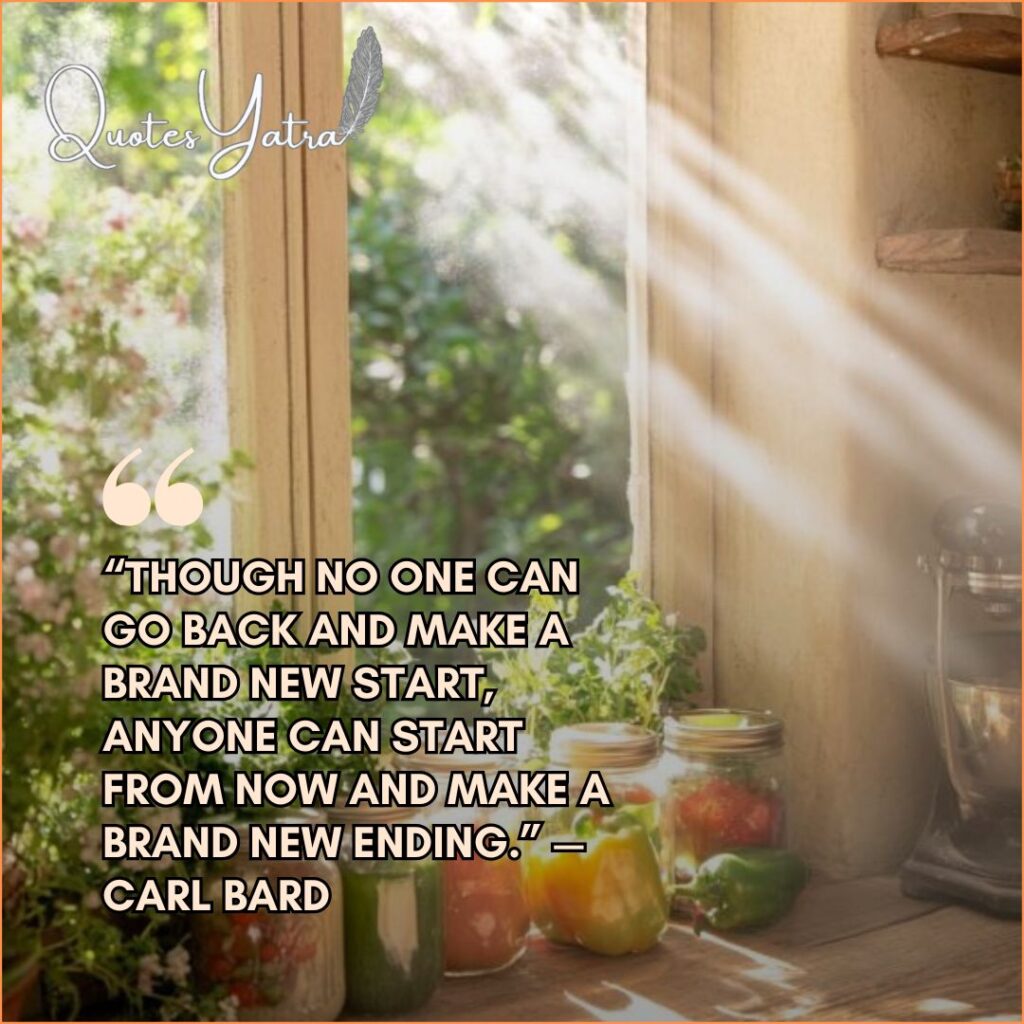 Sunbeams on jars in window sill with Carl Bard last days of the year quotes about making a brand new ending.