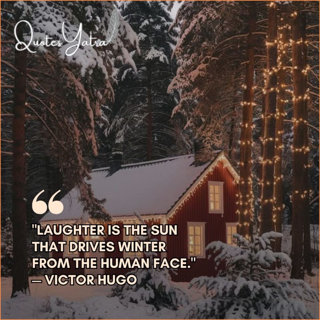 Cozy red cabin in snowy woods adorned with lights featuring Victor Hugo January quote about winter and laughter.