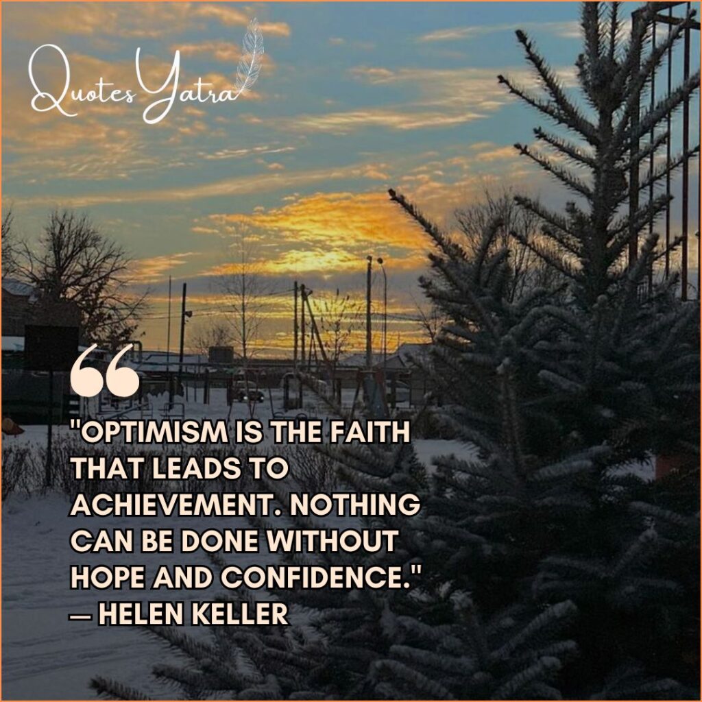 Winter sunset with silhouette trees and snow featuring Helen Keller inspirational January quote about optimism and faith.