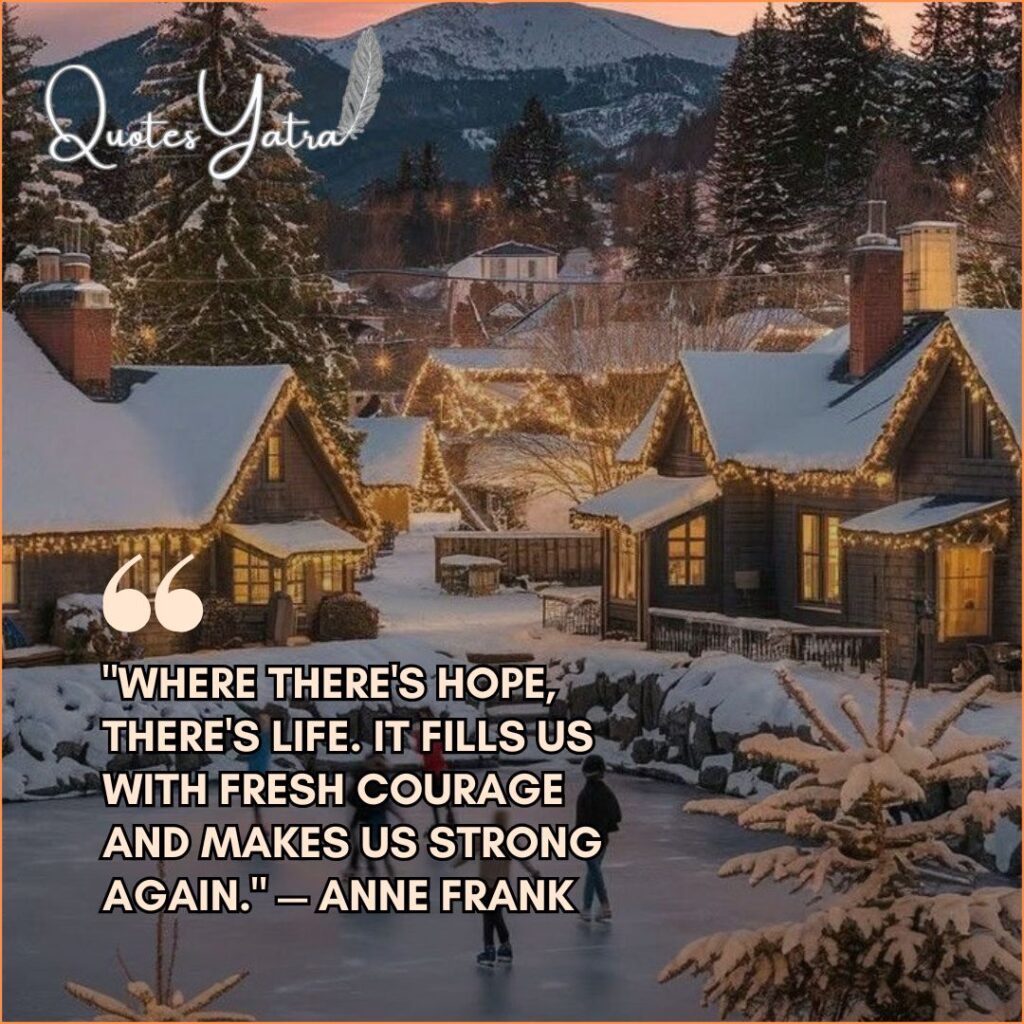Aesthetic January Quotes about hope and courage featuring a winter village scene with ice skaters.