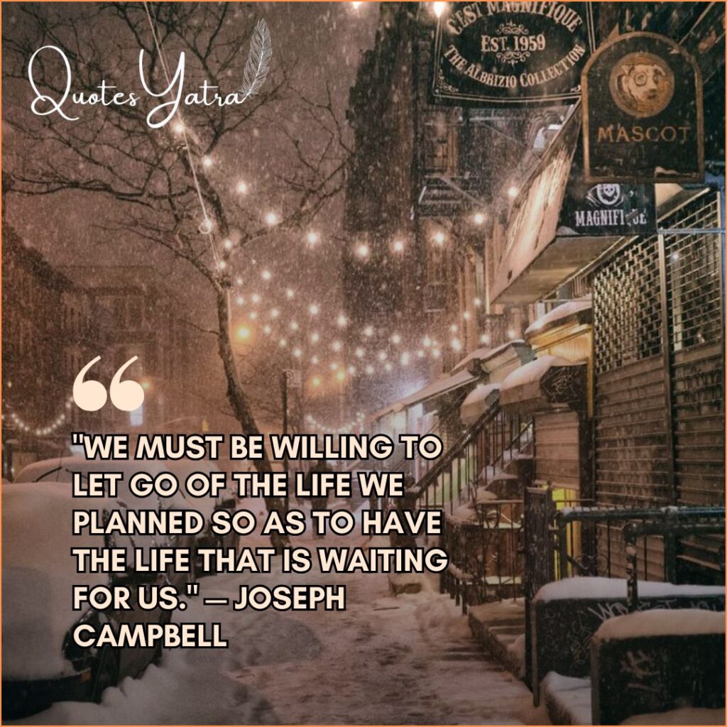 Snowy city street at night with festive string lights featuring Joseph Campbell January quote for fresh starts and letting go.