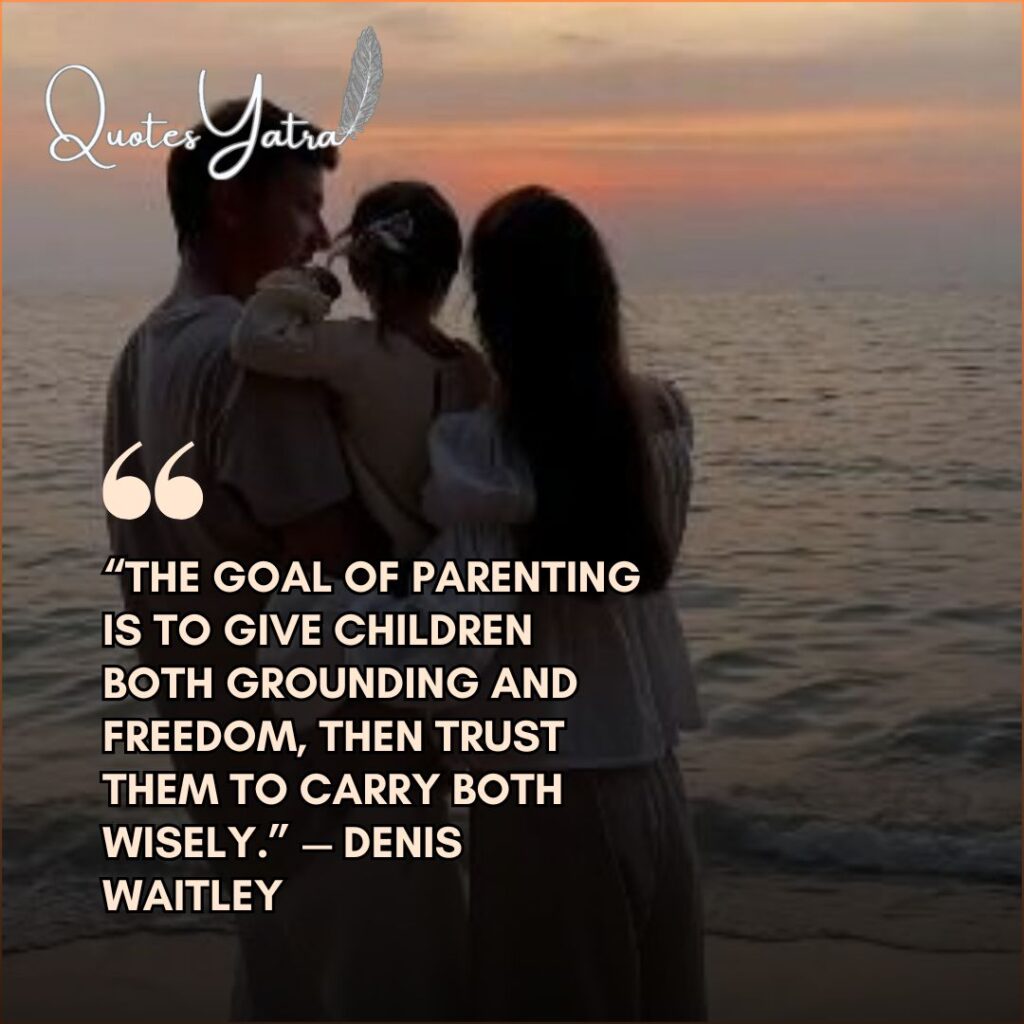 Parents embracing their young daughter while looking out at the sunset over the ocean, representing the ultimate goal of parenting to teach grounding and freedom and the challenge of letting go.