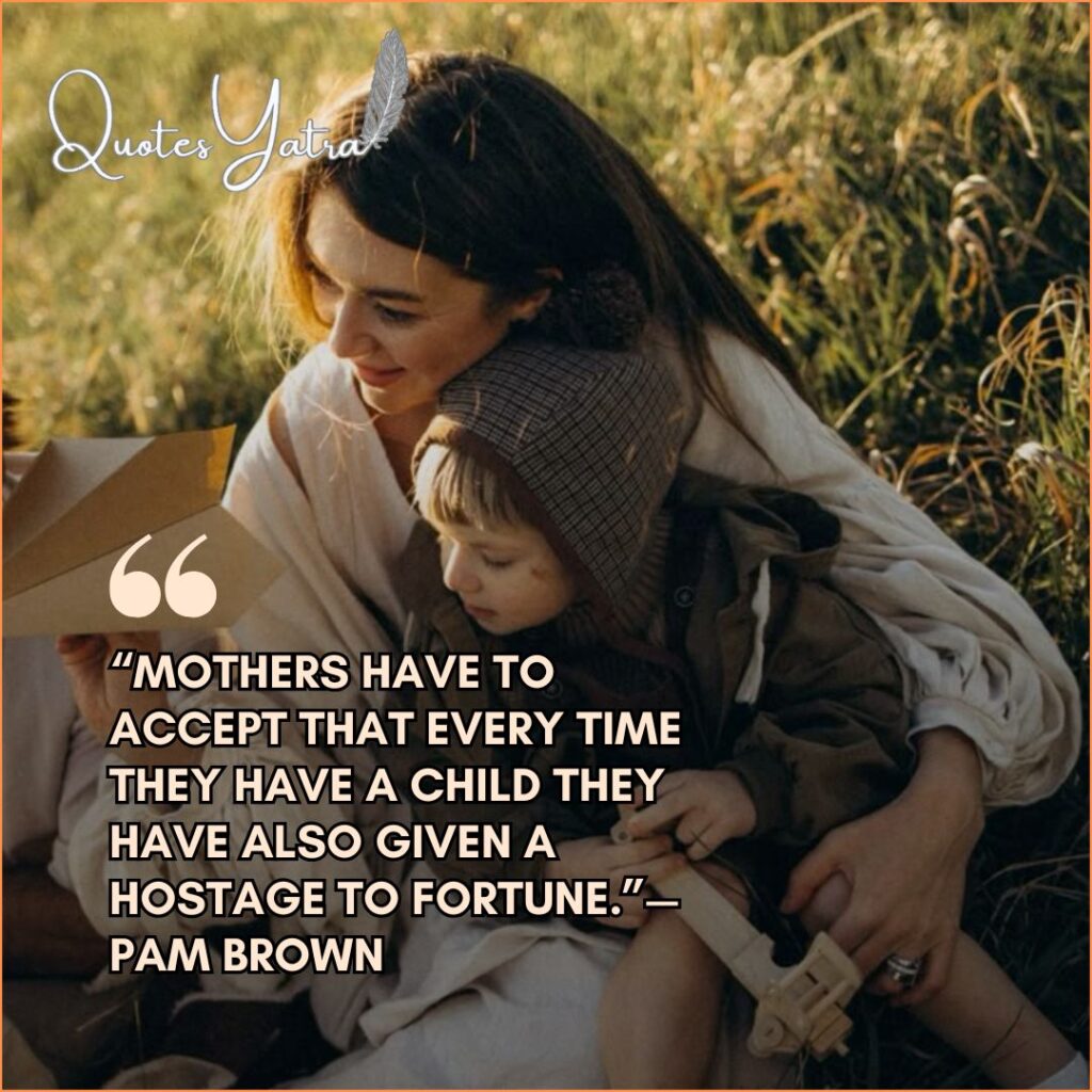 Mother and son sitting in grass with paper airplane - Pam Brown quote on giving a hostage to fortune