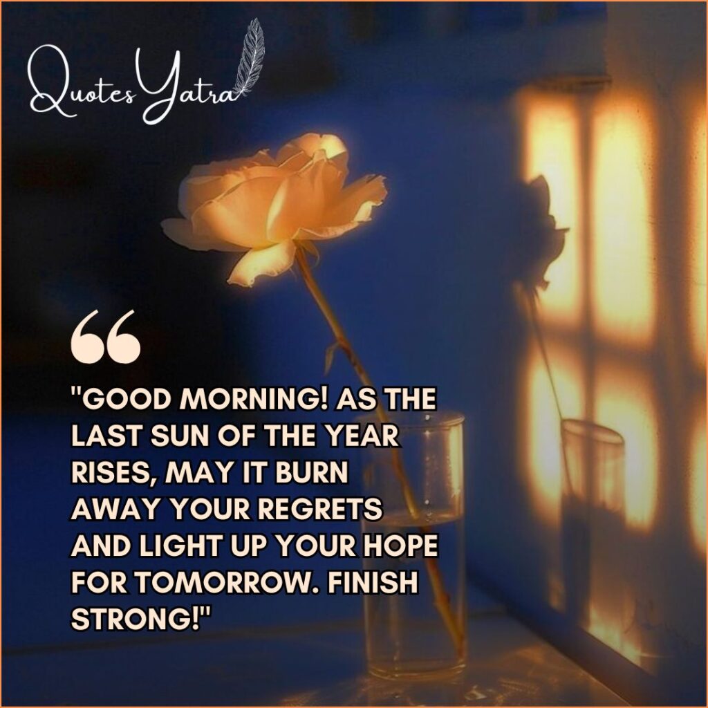"Good Morning! As the last sun of the year rises..." text overlaid on a photo of a white rose glowing in golden sunlight.