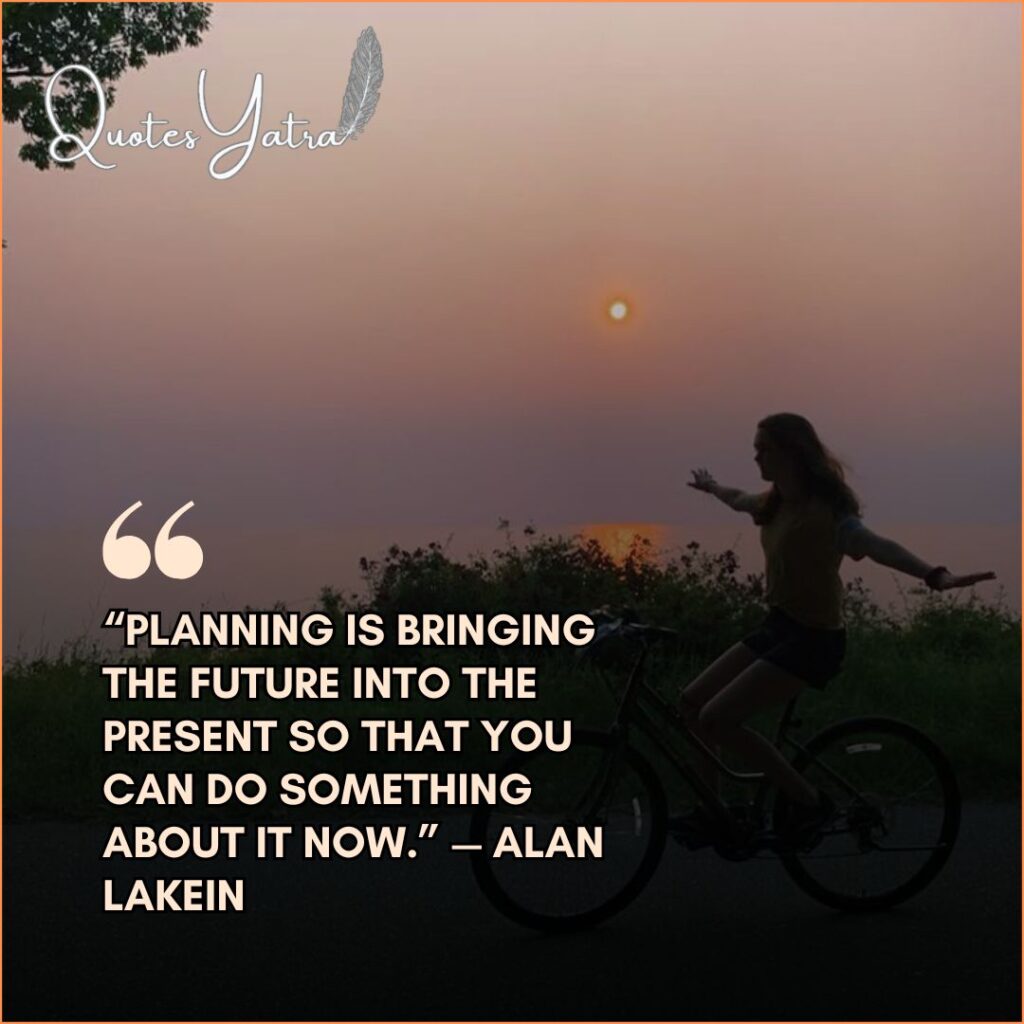 Silhouette of girl riding bicycle no-handed at sunset with Alan Lakein last days of the year quotes on planning.
