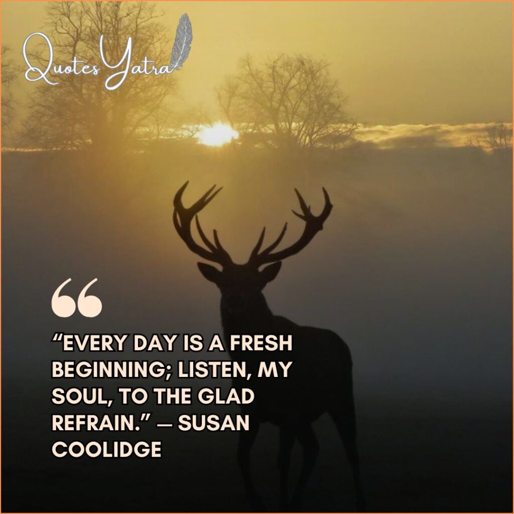 Silhouette of a stag standing in the mist at sunrise with a Susan Coolidge quote about fresh beginnings.