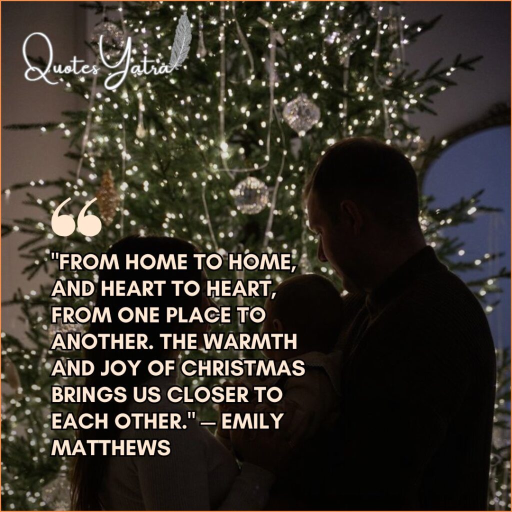Silhouette of parents holding a baby in front of a lit Christmas tree, with a quote by Emily Matthews about home and heart.