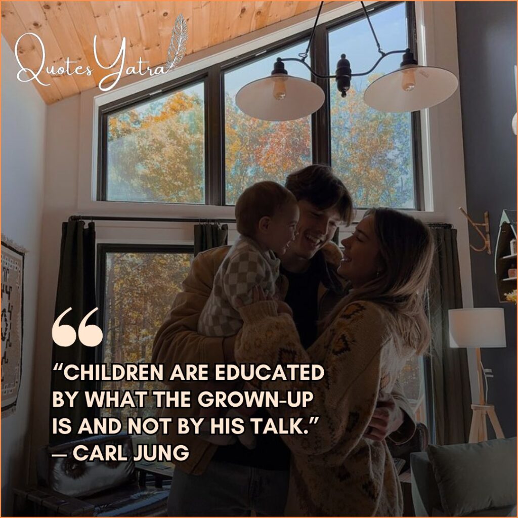 Parents holding their baby in a brightly lit modern home, illustrating the profound reflections on parenthood and how children learn from the grown-up they see.