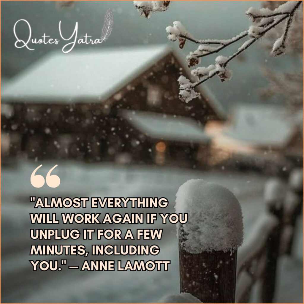 Snowy winter scene with blurred cabin background featuring Anne Lamott reflective January quote about unplugging and restarting.