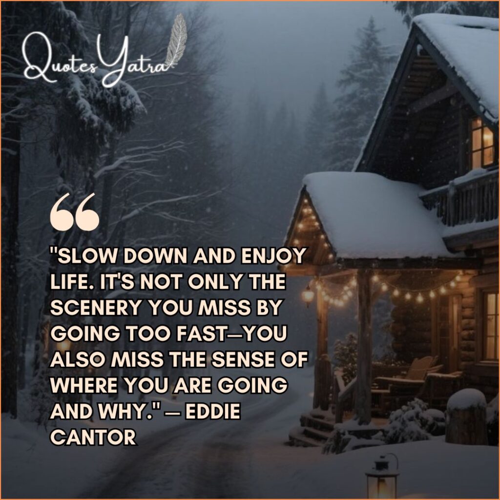 Aesthetic January Quotes for slow living showing a cozy wooden cabin with string lights in a snowy forest.
