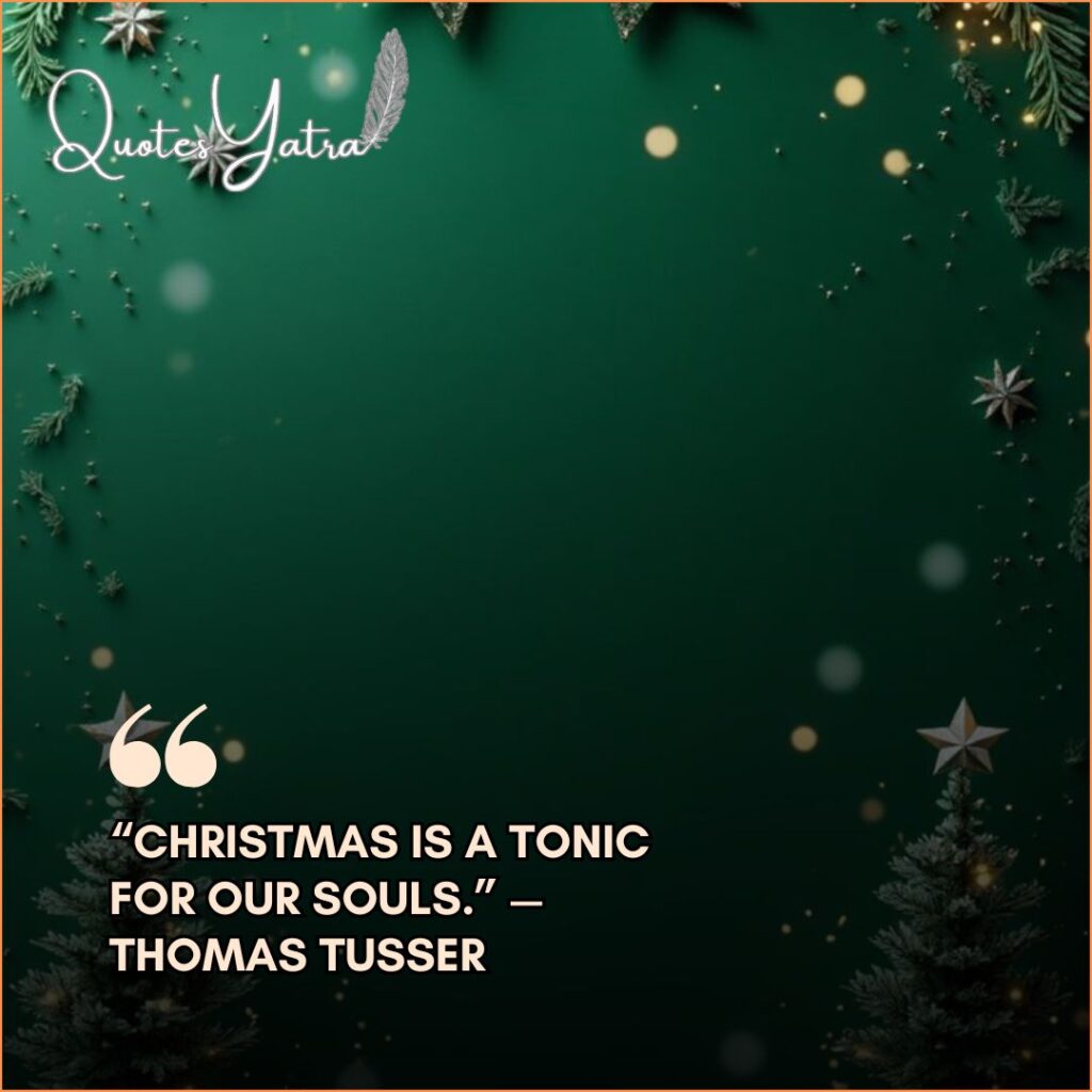 Minimalist green Christmas background with stars and gold bokeh, featuring a short quote by Thomas Tusser.