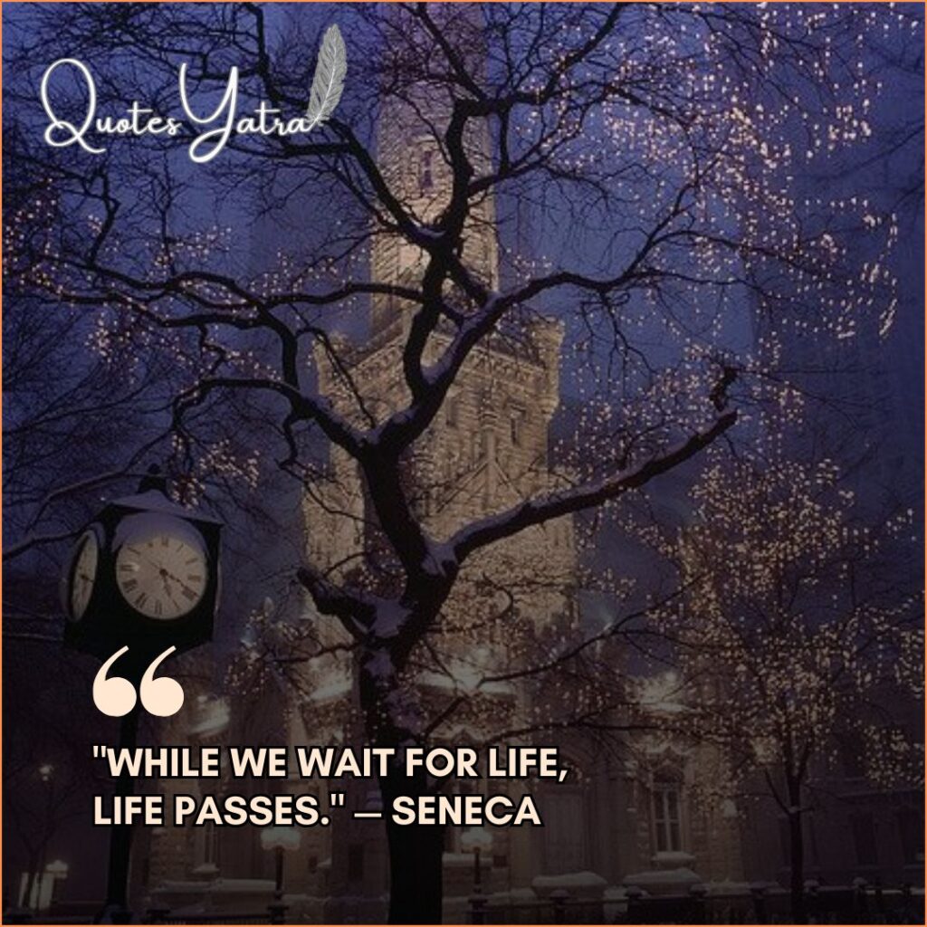Urban winter scene with a street clock for Short January Quotes that Say More With Less by Seneca.