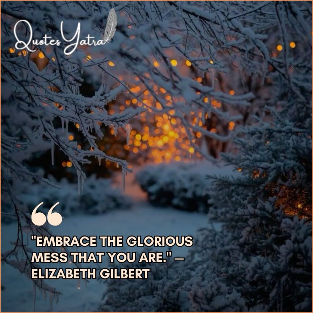 Ice-covered branches and golden bokeh lights for Short January Quotes and Social Sharing by Elizabeth Gilbert.