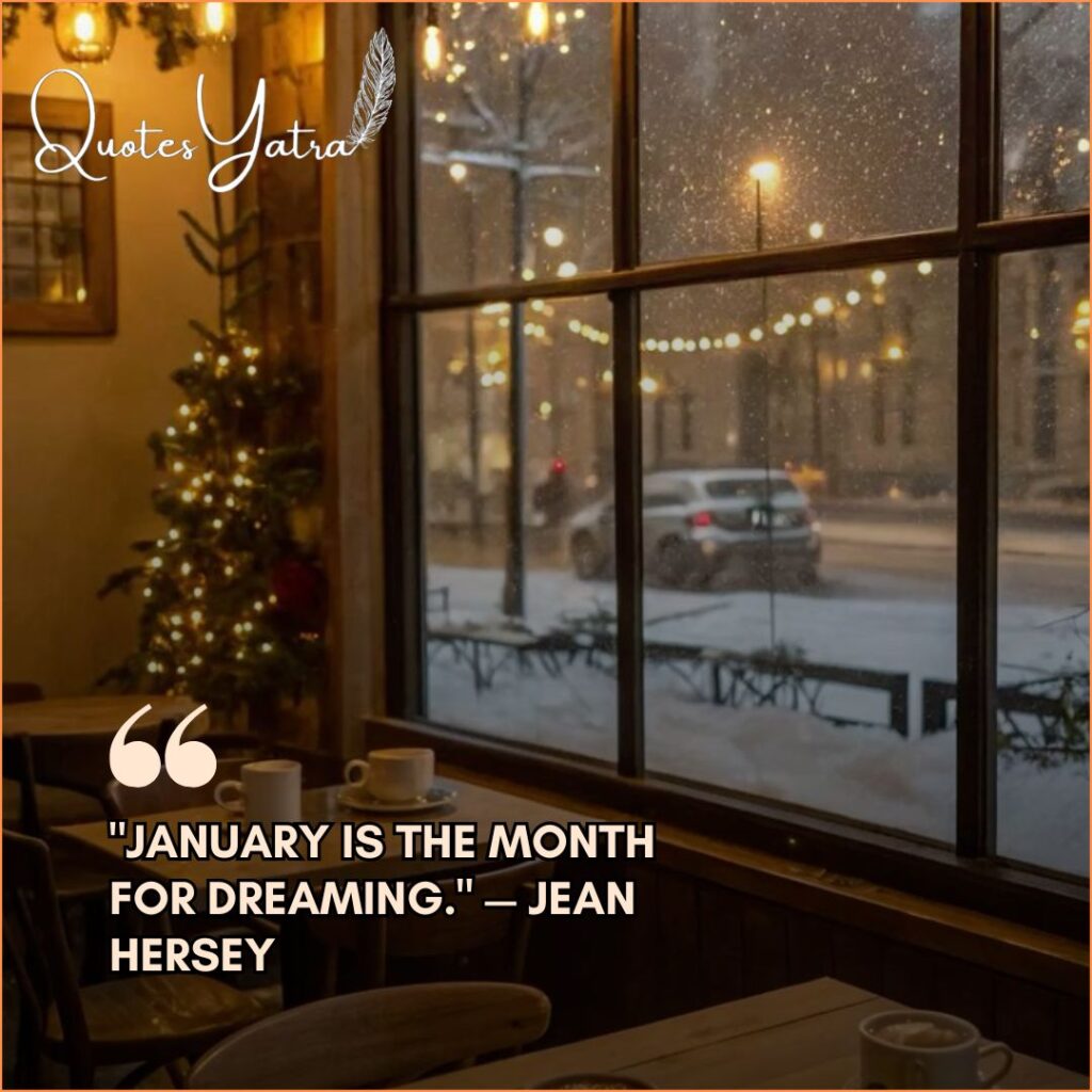 Cozy cafe window looking out at a snowy street featuring Jean Hersey short January quote perfect for social media captions.