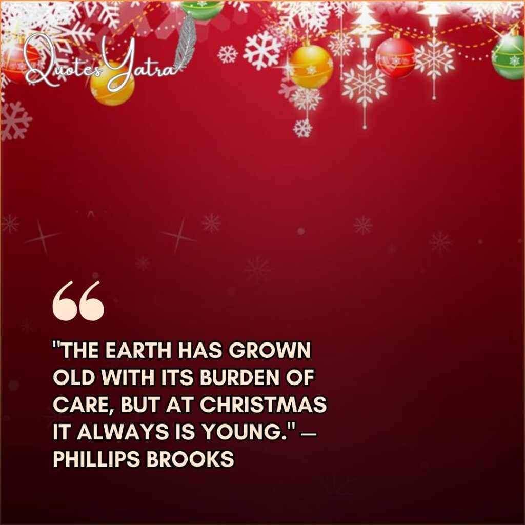 Rich red holiday background with white snowflakes and hanging ornaments, featuring a reflective quote by Phillips Brooks.