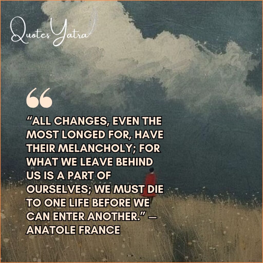 Painting of figure in red cloak in field under clouds with Anatole France last days of the year quotes about melancholy changes.