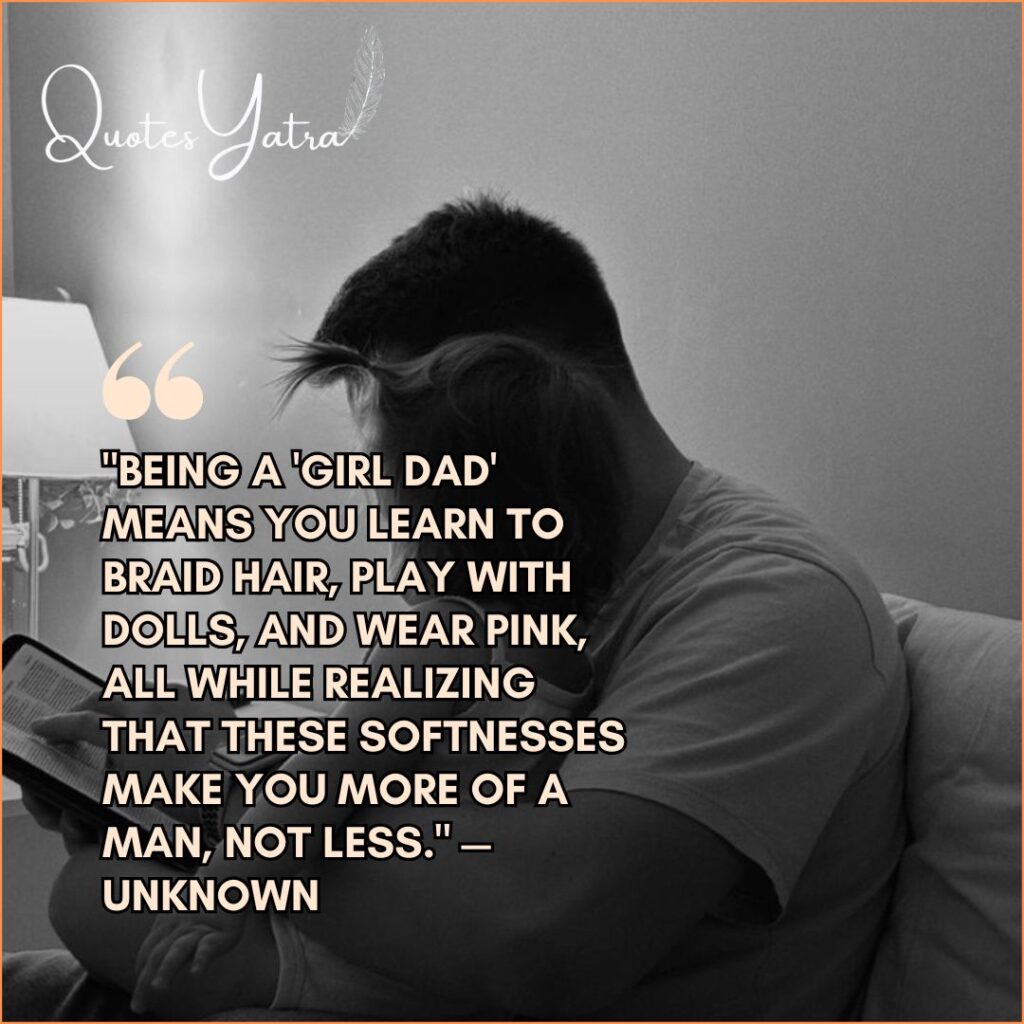 Black and white photo of a father reading to his daughter - quote about the girl dad experience.