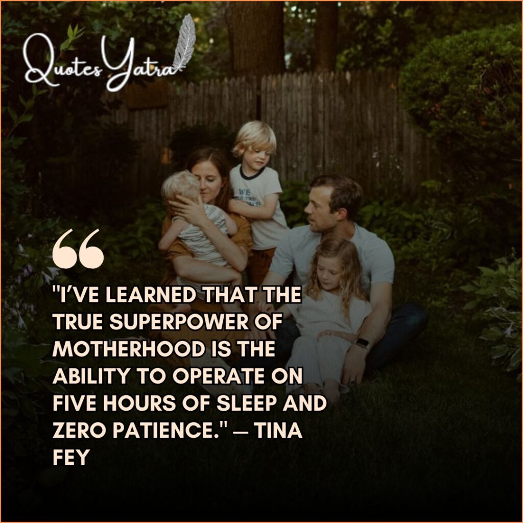 Parents sitting on a lawn, looking tired but content with their children, visually accompanying the section dedicated to the funny and lighter side of motherhood and fatherhood.