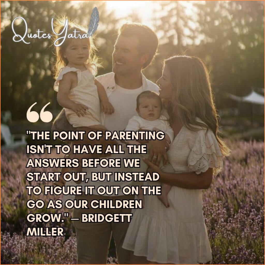 Family of four embracing in a lavender field, representing the honest wisdom that parents figure it out on the go as their children grow.