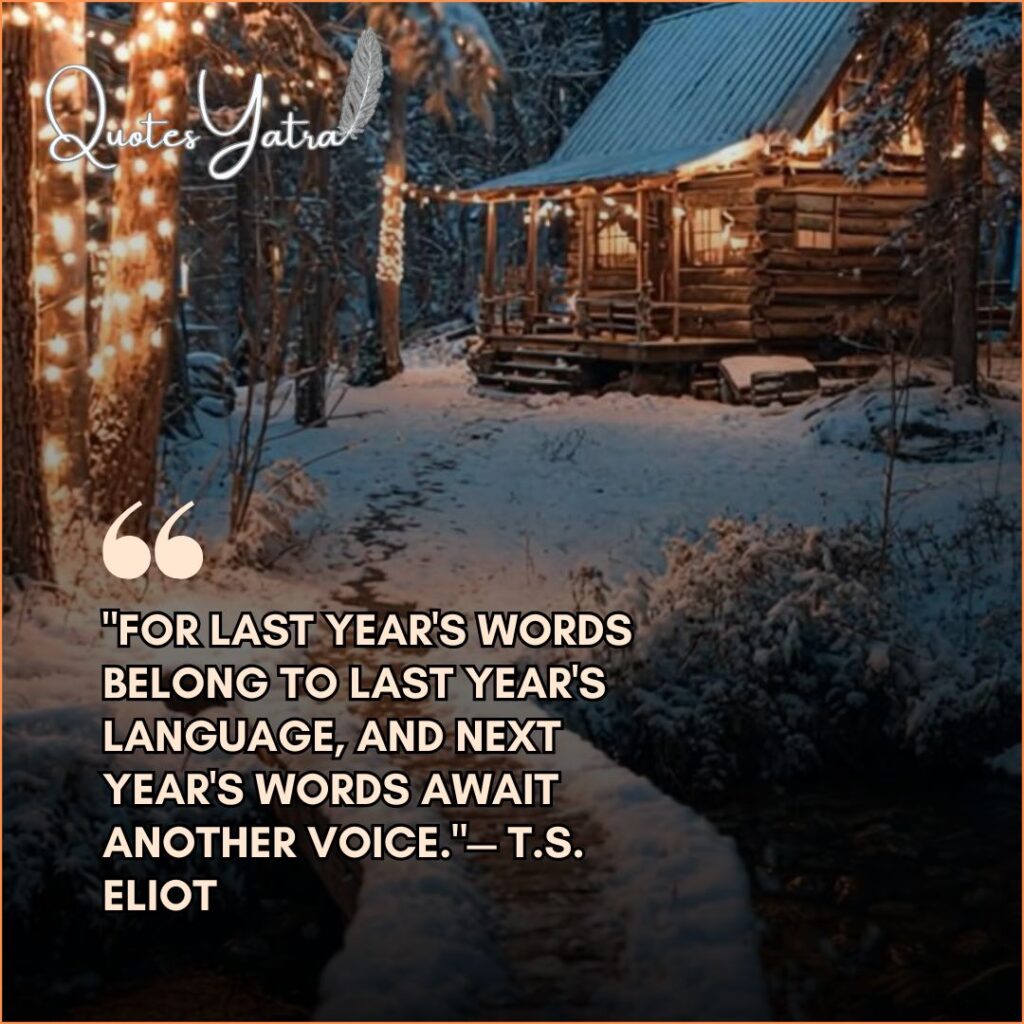 Cozy red cabin in snowy woods adorned with lights featuring Victor Hugo quote Laughter is the sun that drives winter from the human face.
