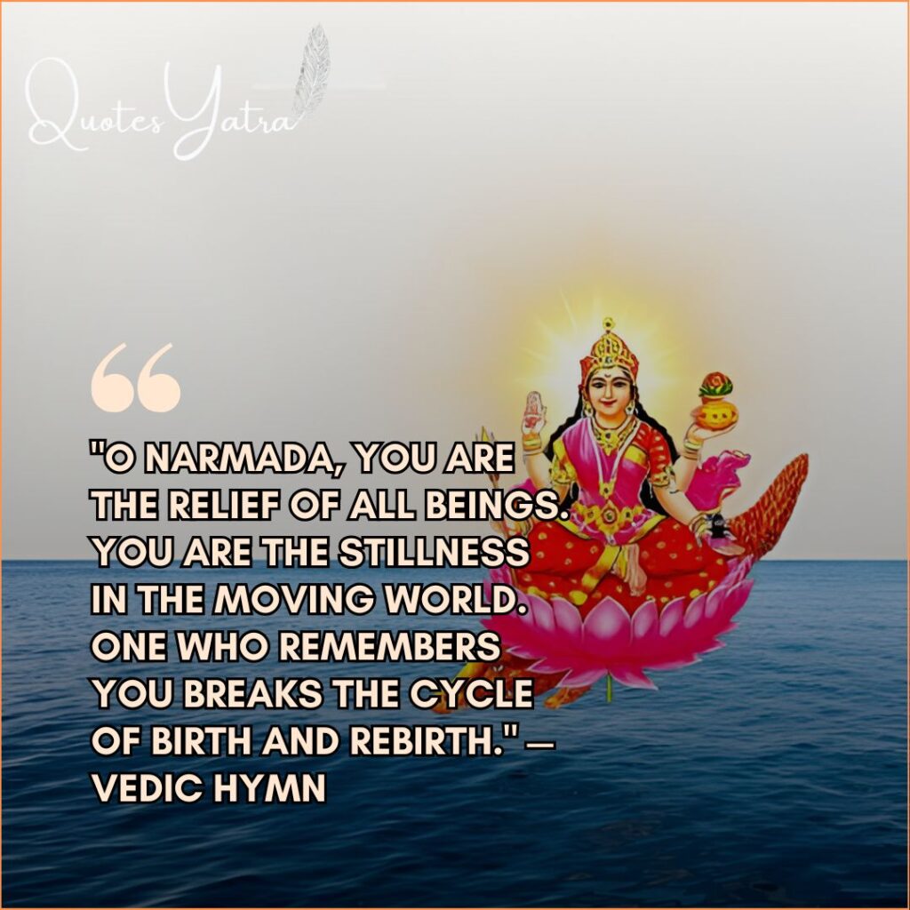 Ancient Vedic Quotes on Narmada featuring the Goddess on a crocodile over the ocean.