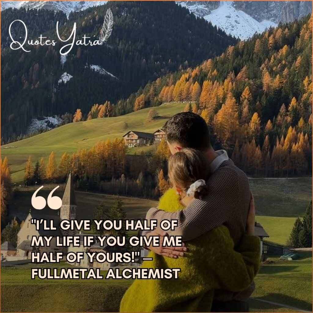 Couple hugging in an autumn landscape with anime Propose Day Quotes from Fullmetal Alchemist.