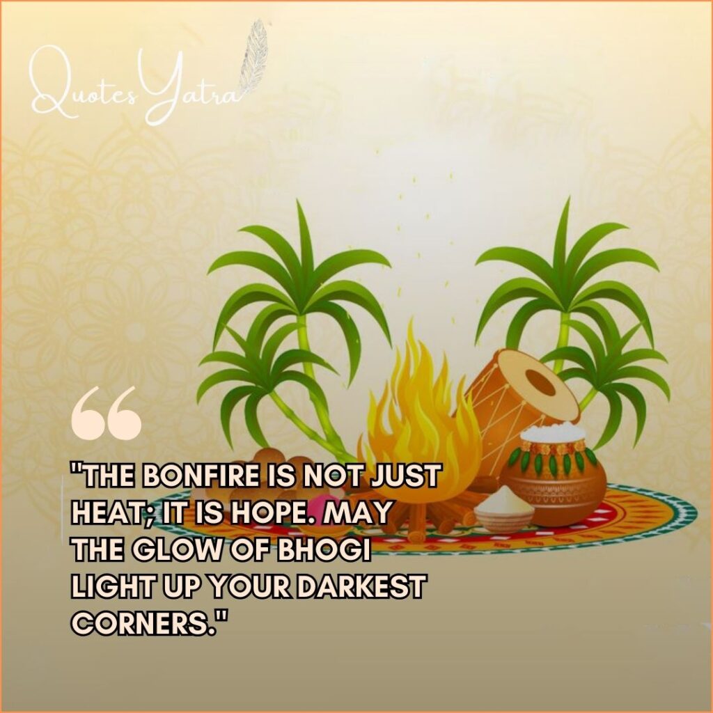 Bhogi quotes about hope and light 2026 with green sugarcane and bonfire.