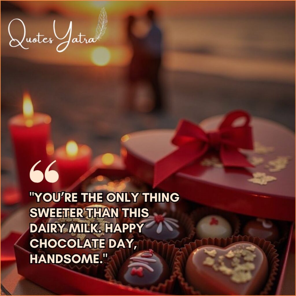 A heart-shaped red box of gourmet chocolates with a romantic sunset beach background. Quote: "You're the only thing sweeter than this Dairy Milk."