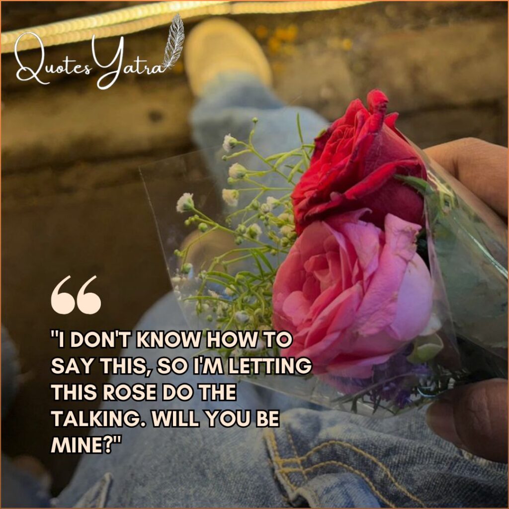 Rose Day confession quote for a crush with a small bouquet on lap.