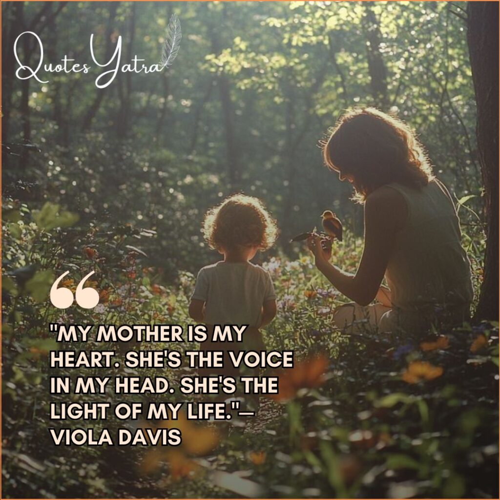 A mother and daughter standing together in a glowing forest, sharing a peaceful moment.