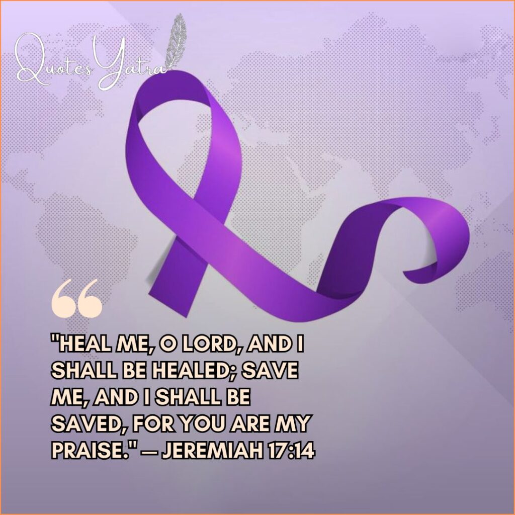 Purple ribbon on a world map background with a spiritual healing verse