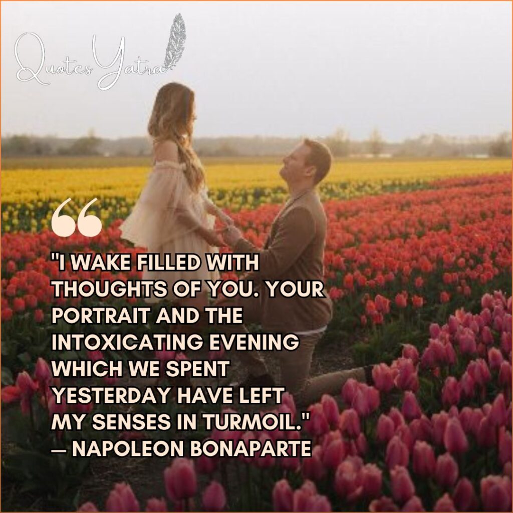 Man proposing in a tulip field with historical Propose Day Quotes from Napoleon.