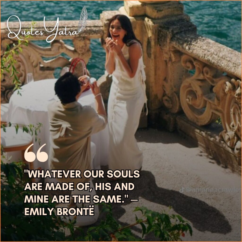 Couple proposing on a balcony by the water with Emily Bronte quote.
