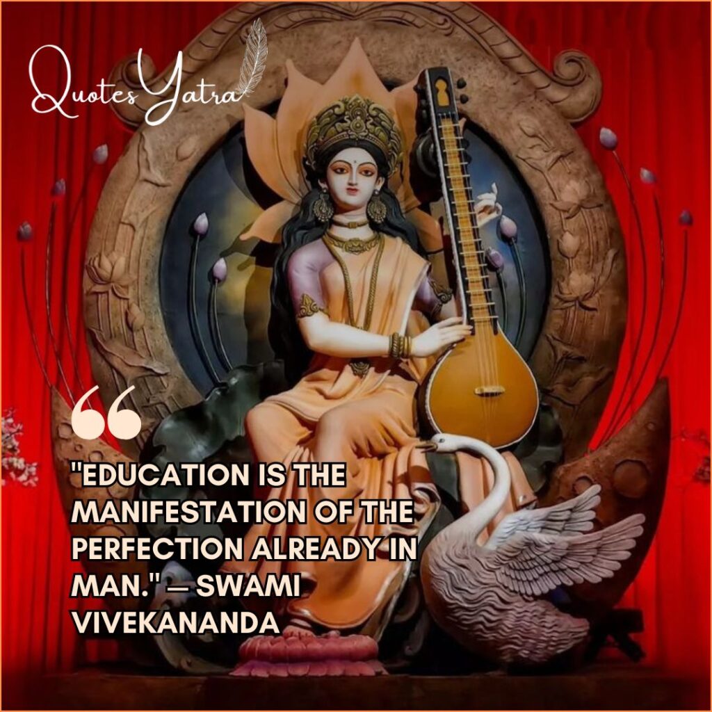 Swami Vivekananda quote on education overlaid on a majestic image of Goddess Saraswati.