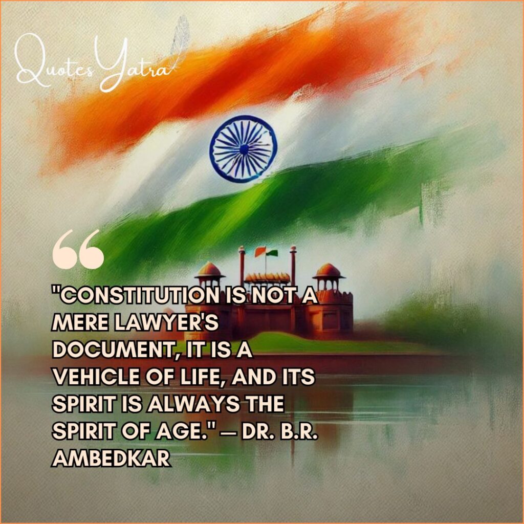 Dr B.R. Ambedkar quote on Constitution with artistic painting of Red Fort and Tricolor background.