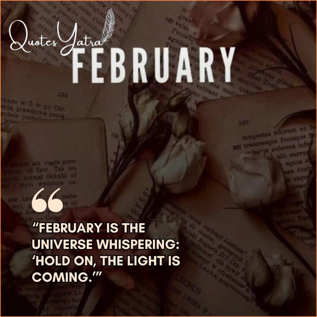 Vintage book background with dried flowers and the word February, featuring an original QuotesYatra caption.