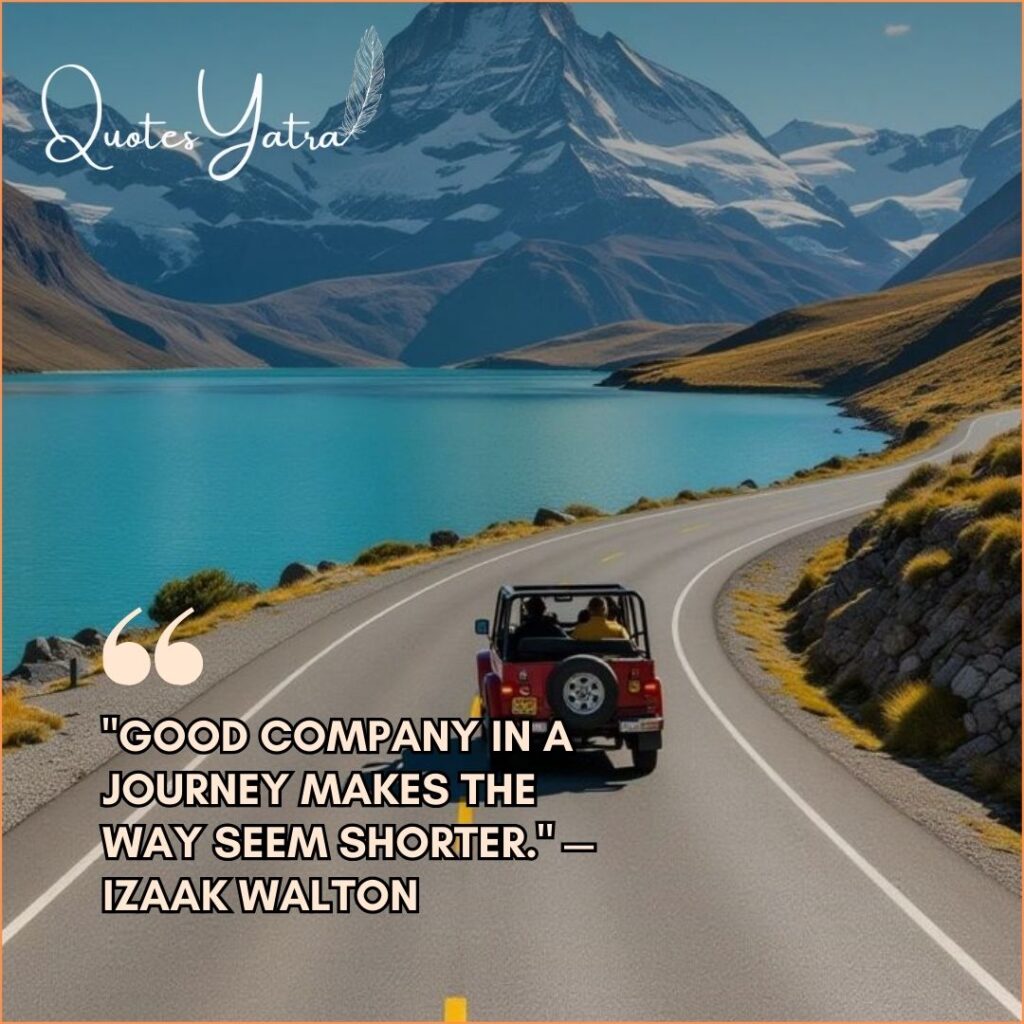 Red jeep driving along a scenic road next to a blue lake with a quote by Izaak Walton about good company.